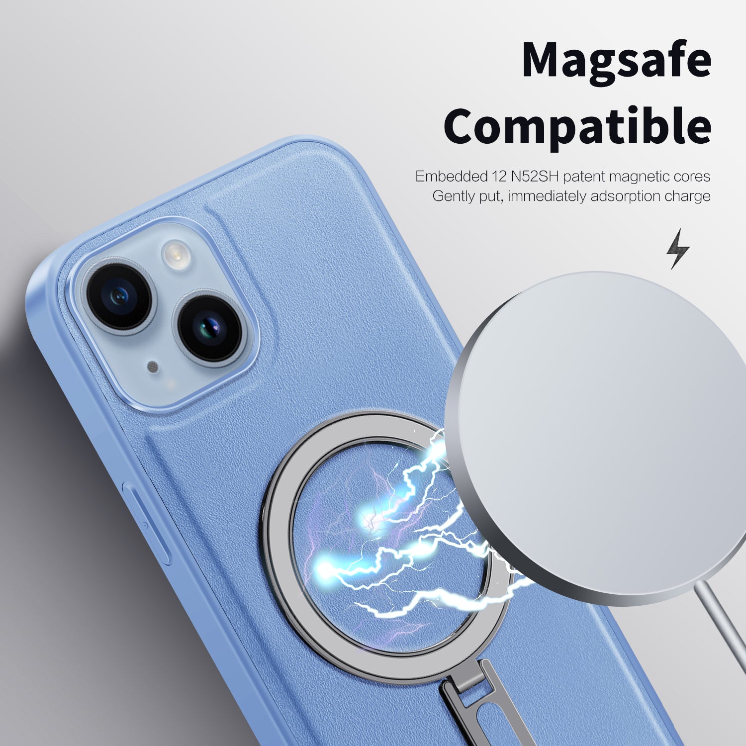 Uniqkart for iPhone 14 Kickstand Anti-Scratch Phone Case Cover PU Leather Coated PC+TPU Magnetic Cover - Baby Blue Uniqkart for iPhone 14 Kickstand Anti-Scratch Phone Case Cover PU Leather Coated PC+TPU Magnetic Cover - Baby Blue